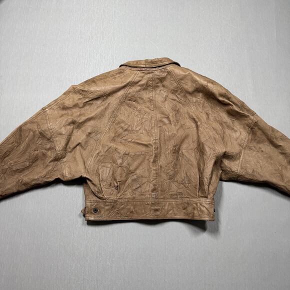 VTG Womens Cropped Distressed Jacket 70s Size S Tan Motorcycle Bomber Dolman - Picture 5 of 14
